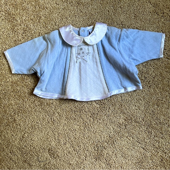 Vintage NWT Jean Bourget Kitten Baby Top, white and light blue, size 3 mo - Picture 1 of 12